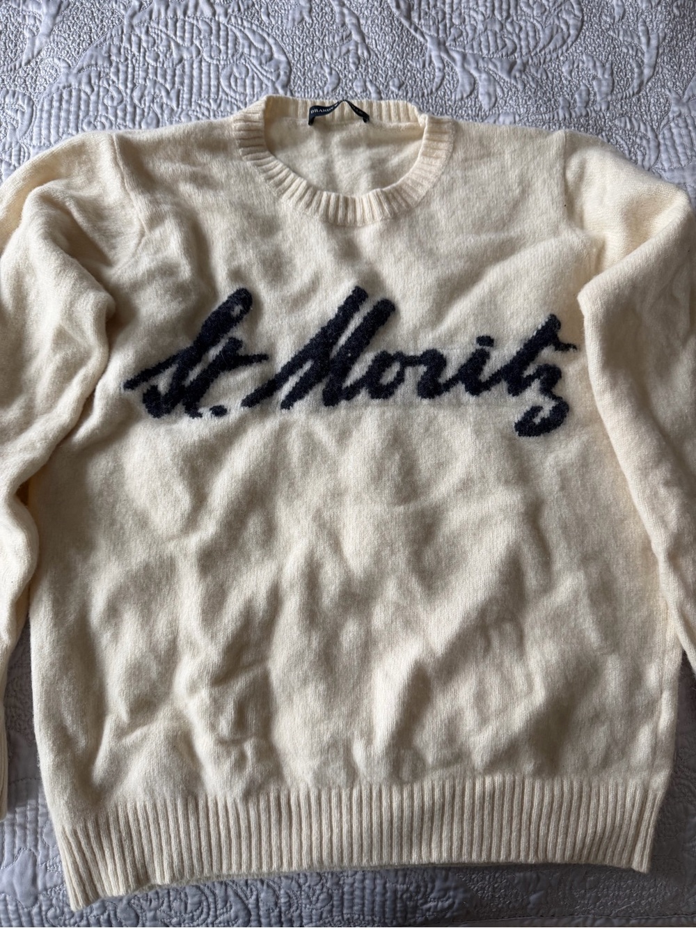 Brandy Melville Cream Sweater with Navy St. Moritz letters